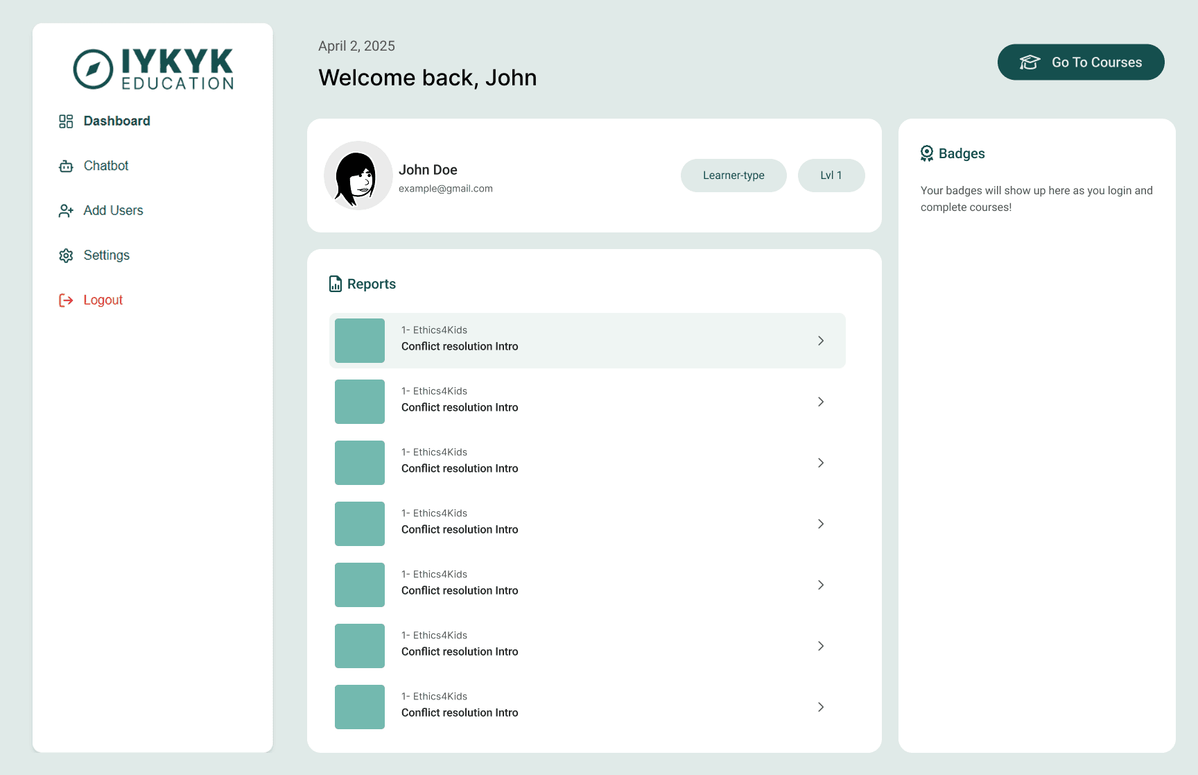 IYKYK Education LMS Dashboard showing comprehensive learning management system interface with course overview, progress tracking, and interactive learning modules